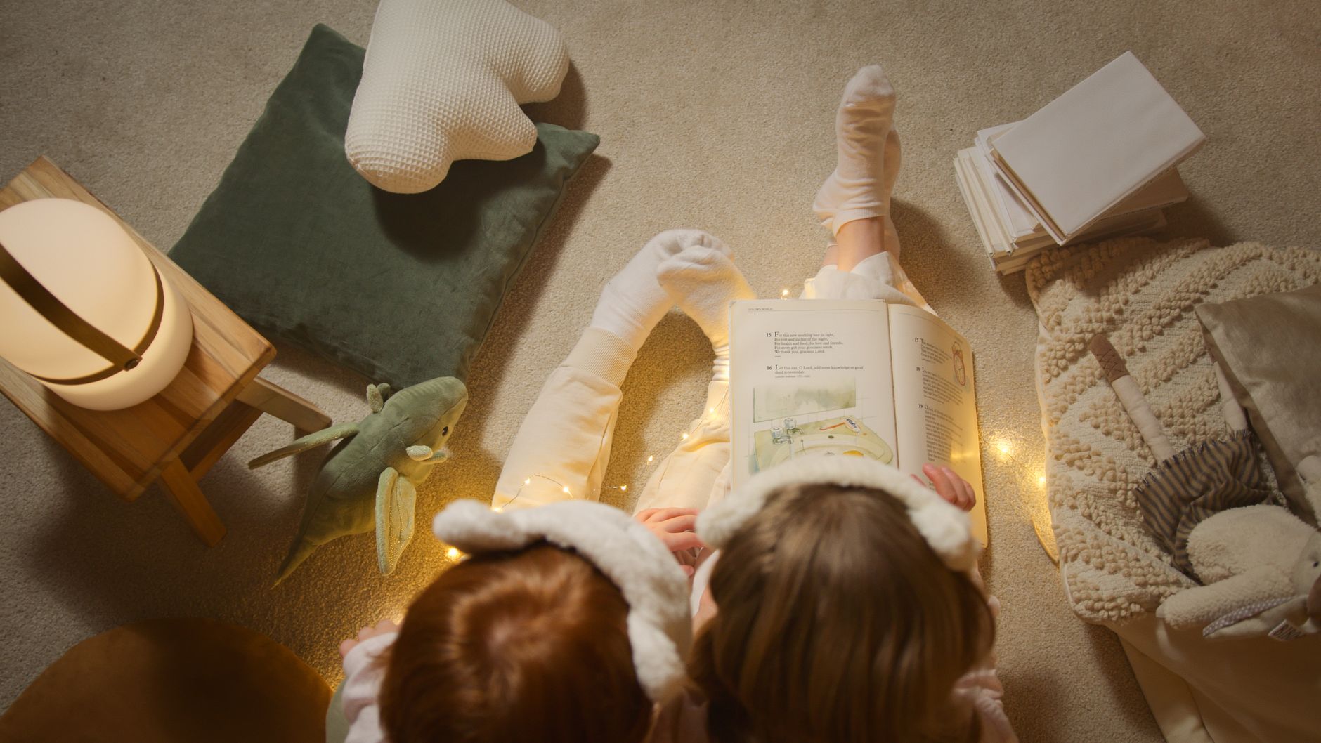overhead shot of kids reading a book