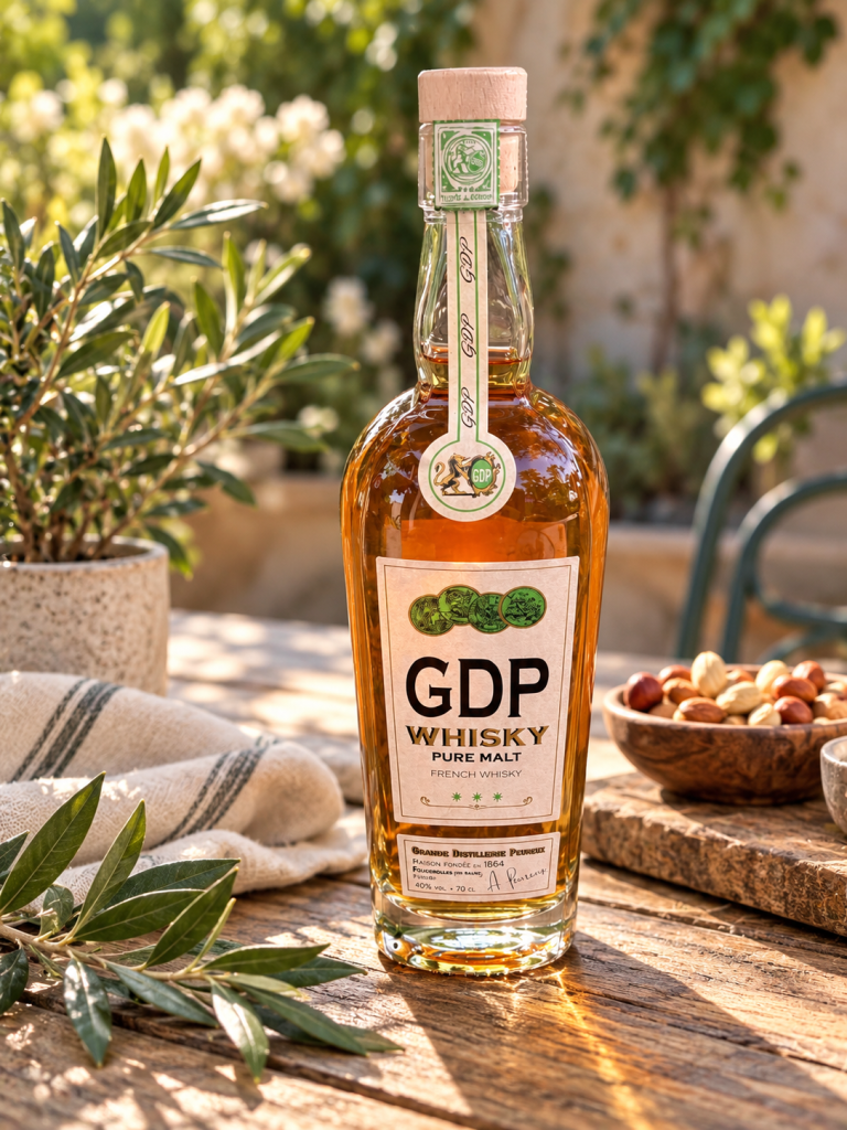 Bouteille de whisky GDP Pure Malt posée sur une table en bois, entourée de feuilles d'olivier, d'un linge en lin et d'un bol de noix.