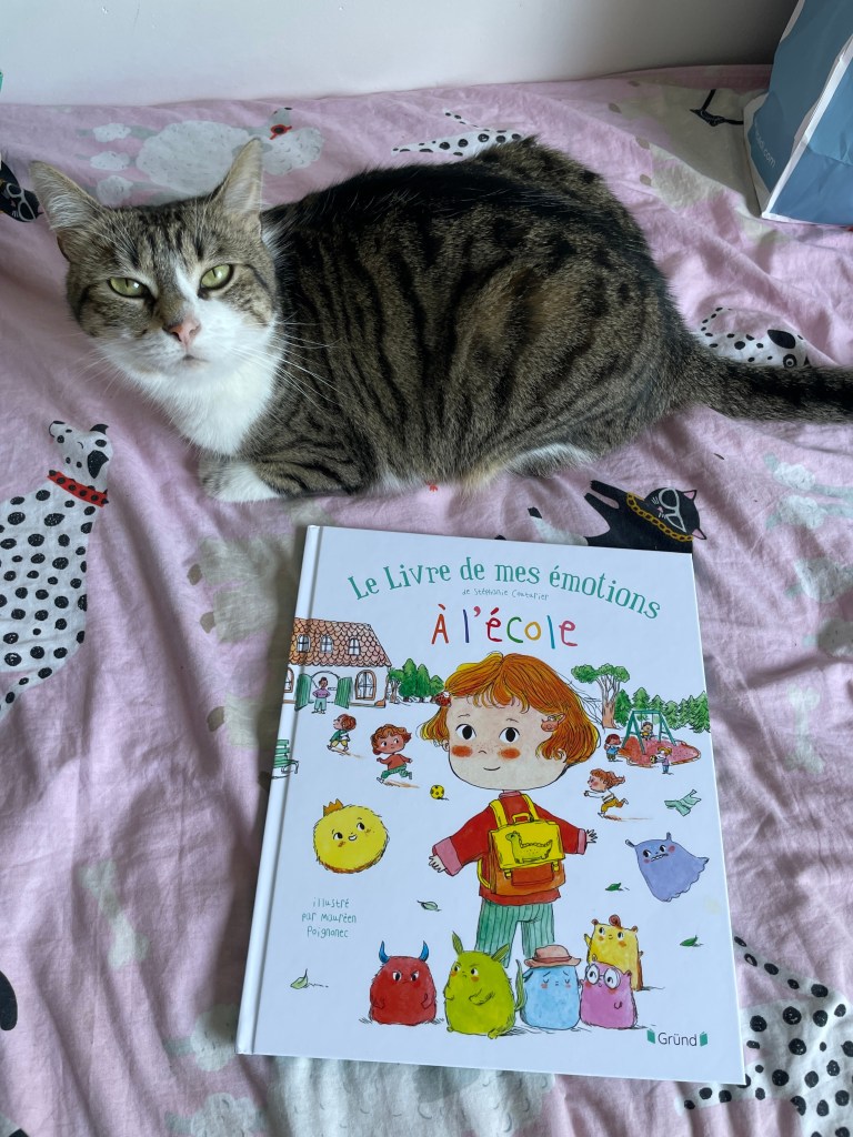 Un chat se repose sur un lit tout en tissu à motifs, à côté d'un livre intitulé 'Le Livre de mes émotions à l'école' illustré de personnages colorés.